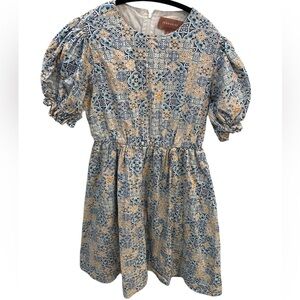 JessaKae Blue Yellow Tile Work Pattern Puffed Sleeve Mini Dress